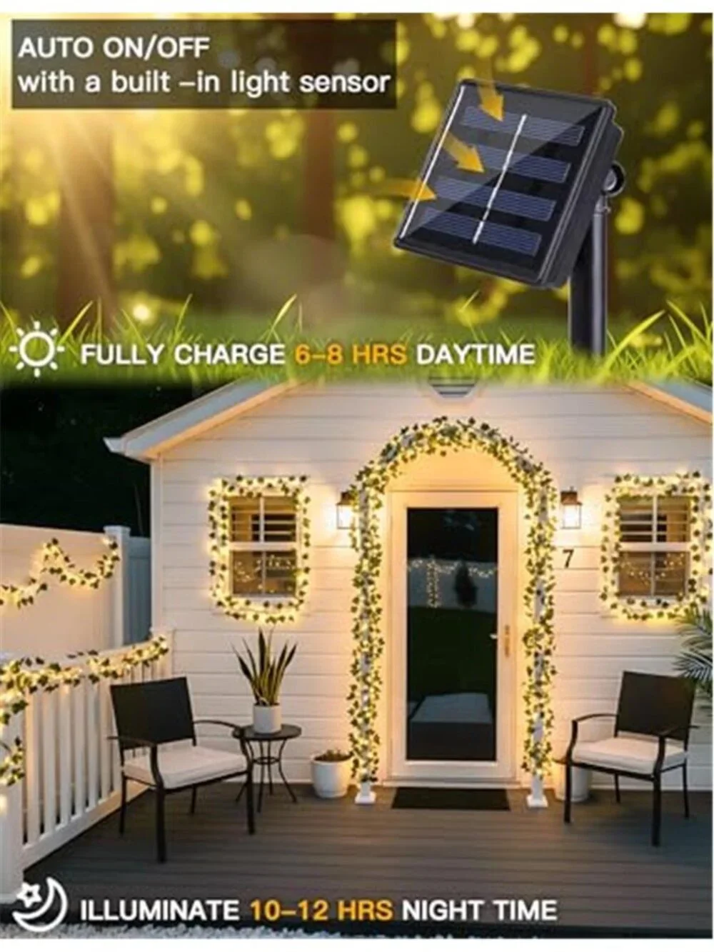 Solar Ivy String Lights 33FT LED Fairy Lights Green Vine Outdoor Garden Decor